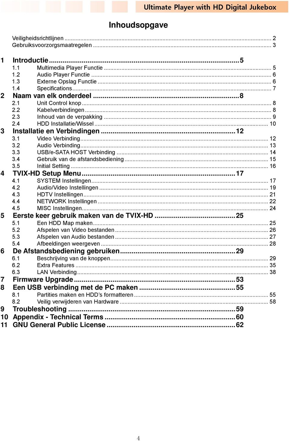 .. 10 3 Installatie en Verbindingen... 12 3.1 Video Verbinding... 12 3.2 Audio Verbinding... 13 3.3 USB/e-SATA HOST Verbinding... 14 3.4 Gebruik van de afstandsbediening... 15 3.5 Initial Setting.