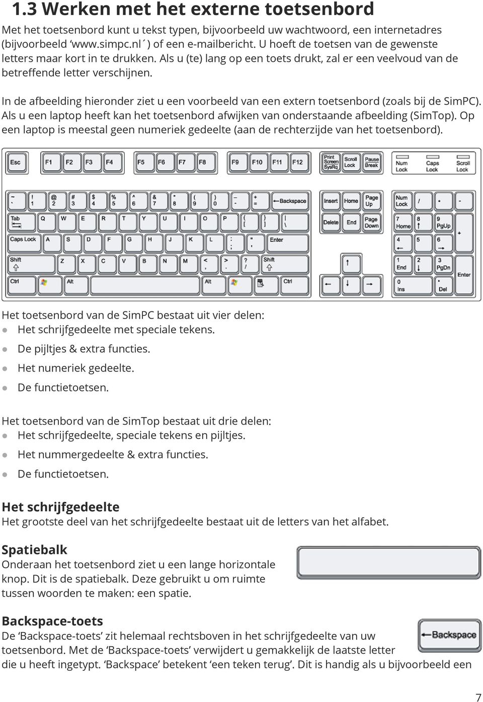 In de afbeelding hieronder ziet u een voorbeeld van een extern toetsenbord (zoals bij de SimPC). Als u een laptop heeft kan het toetsenbord afwijken van onderstaande afbeelding (SimTop).