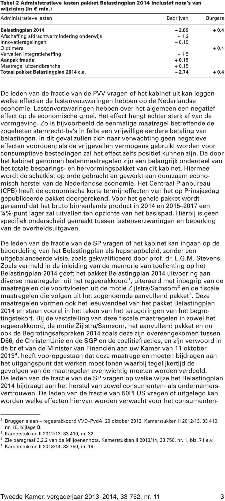 fraude + 0,15 Maatregel uitzendbranche + 0,15 Totaal pakket Belastingplan 2014 c.a. 2,74 + 0,4 De leden van de fractie van de PVV vragen of het kabinet uit kan leggen welke effecten de lastenverzwaringen hebben op de Nederlandse economie.