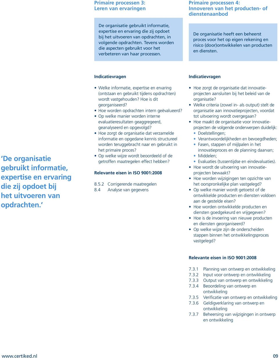 Primaire processen 4: Innoveren van het producten- of dienstenaanbod De organisatie heeft een beheerst proces voor het op eigen rekening en risico (door)ontwikkelen van producten en diensten.