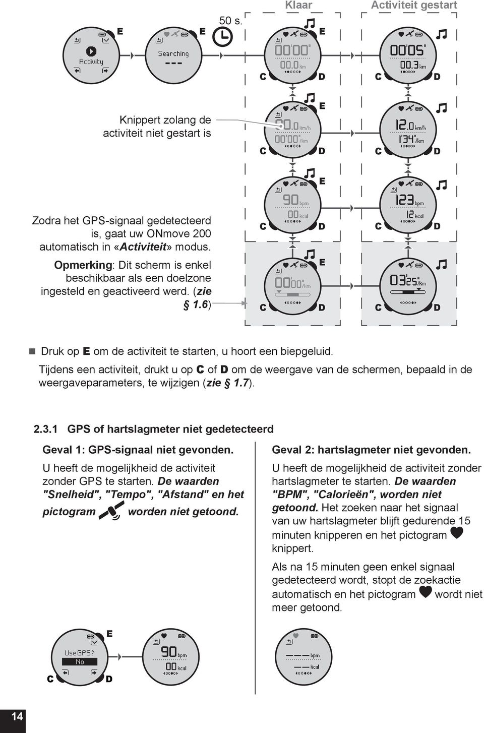 Tijdens een activiteit, drukt u op of om de weergave van de schermen, bepaald in de weergaveparameters, te wijzigen (zie 1.7). 2.3.