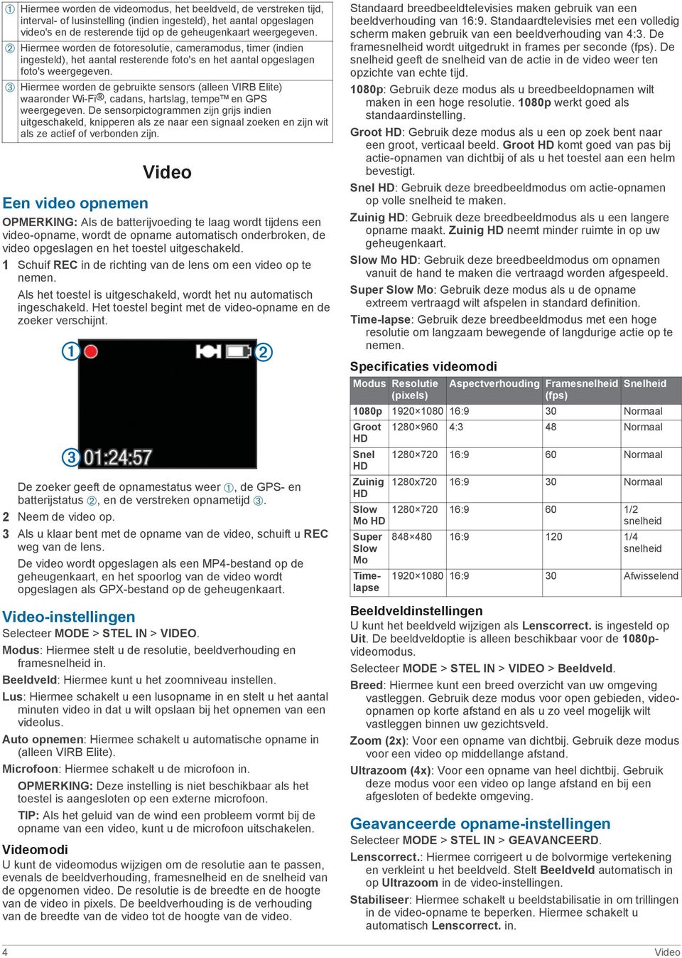 Â Hiermee worden de gebruikte sensors (alleen VIRB Elite) waaronder Wi-Fi, cadans, hartslag, tempe en GPS weergegeven.