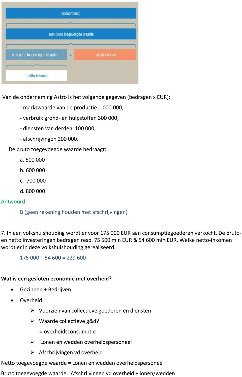 In een volkshuishouding wordt er voor 175 000 EUR aan consumptiegoederen verkocht. De brutoen netto investeringen bedragen resp. 75 500 mln EUR & 54 600 mln EUR.