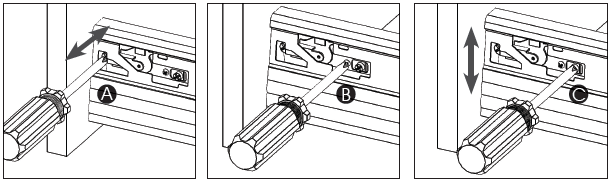 Type 2 (Detremmerie drawer) Het ladefront kan u op de zijkanten van de lade vastklikken. Verschuilt onder het grijze afdekplaatje vindt u de stelschroeven van de lade.