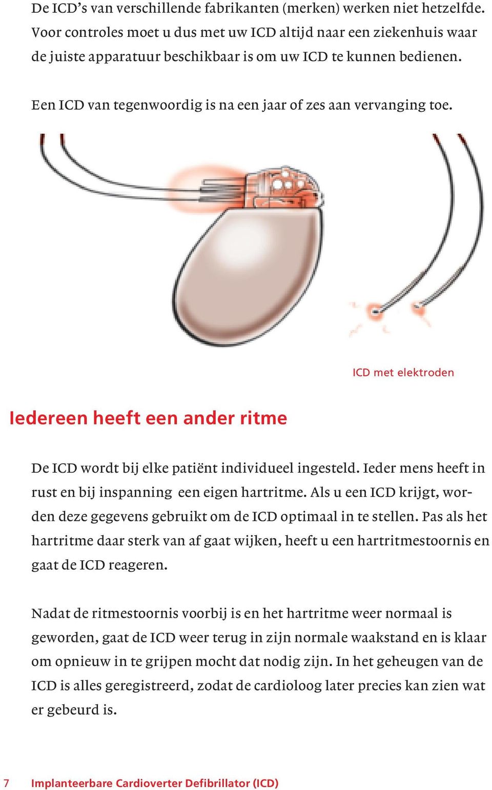 Een ICD van tegenwoordig is na een jaar of zes aan vervanging toe. ICD met elektroden Iedereen heeft een ander ritme De ICD wordt bij elke patiënt individueel ingesteld.