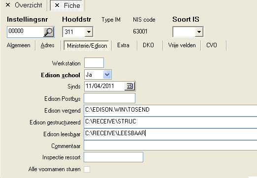 HOOFDSTUK 1. INSTALLATIE PROCEDURE WIS@D 16 1.4.4 Edison instellingen Per instelling kan je specifiëren waarin de verzendingen en gestructureerde en leesbare terugzendingen moeten opgehaald worden.