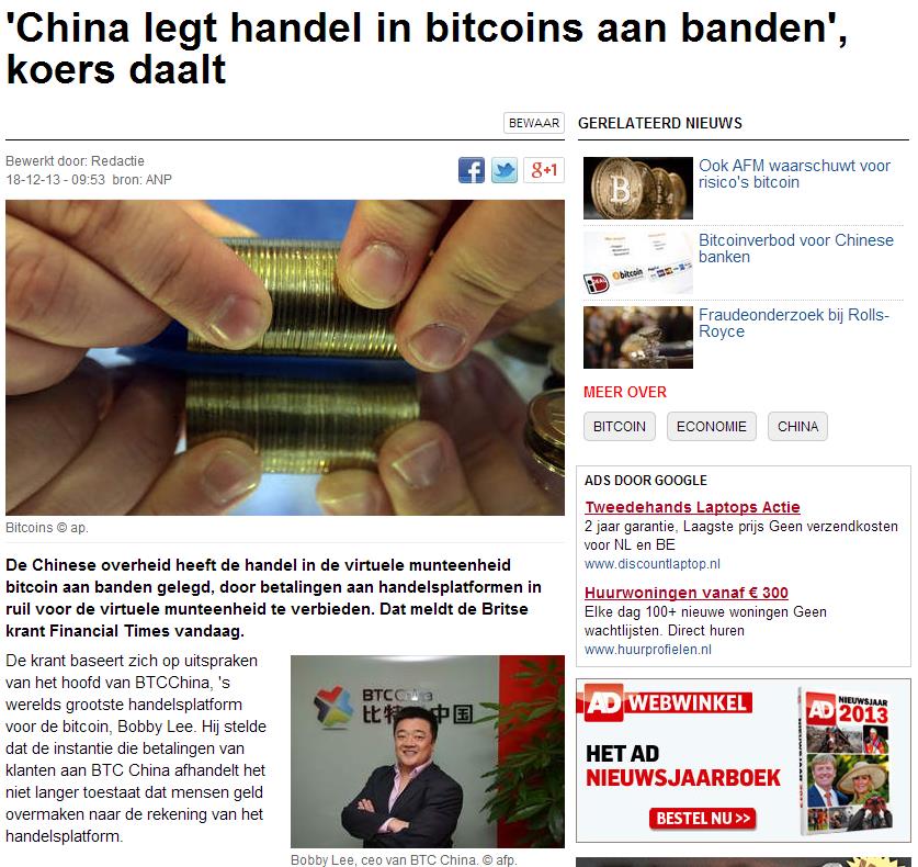 China was één van de grootste gebruikers van de Bitcoin, door dit nieuwsbericht begon men massaal de Bitcoin te dumpen.