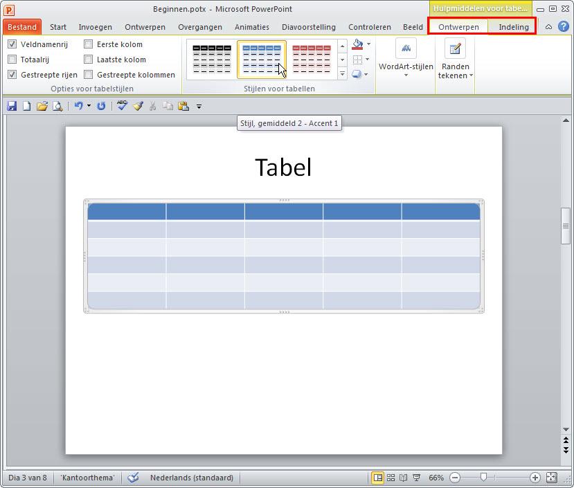 Hier hebben we een tabel ingevoegd met vijf kolommen en zes rijen. Twee tabbladen zijn beschikbaar wanneer tabellen worden geselecteerd: Ontwerpen en Indeling.