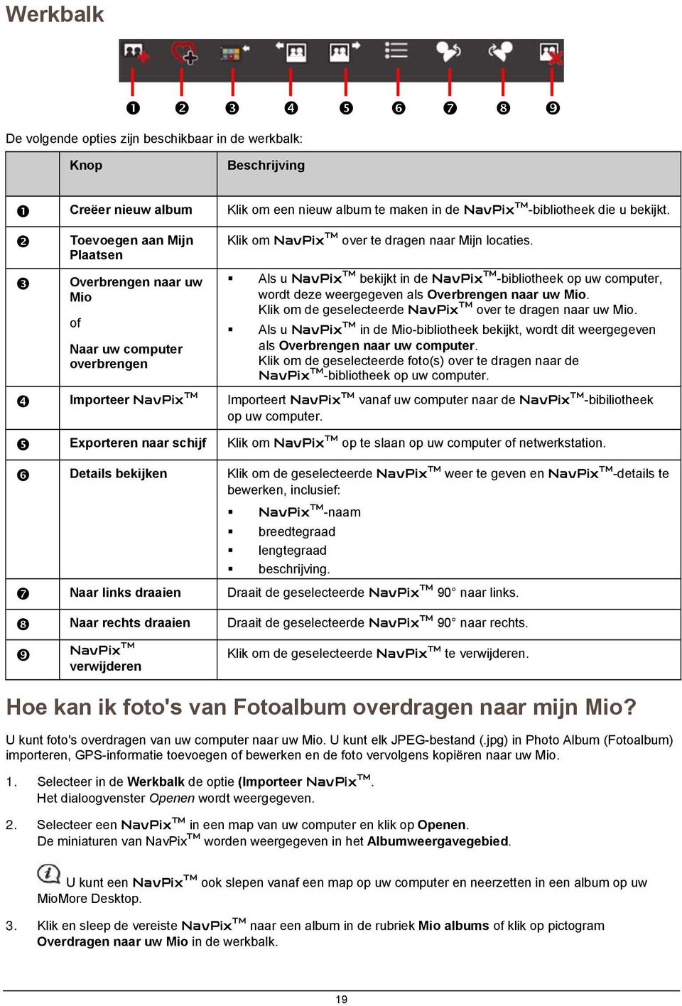 Als u NavPix TM bekijkt in de NavPix TM -bibliotheek op uw computer, wordt deze weergegeven als Overbrengen naar uw Mio. Klik om de geselecteerde NavPix TM over te dragen naar uw Mio.