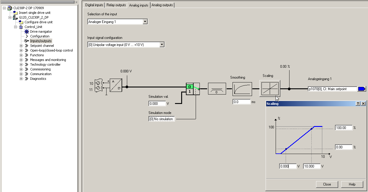 Instellingen 2 e analoge ingang Inputs/outputs Analog inputs Analoger Eingang 1. Via Input signal configuration stel je het type signaal in, spanning of stroom.