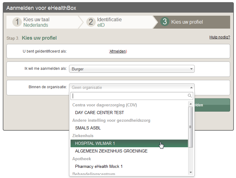 2.2.2 ehealthbox voor een professional van de gezondheidszorg Nadat u zich geauthenticeerd heeft op het ehealth-platform, kunt u zich identificeren als professional buiten een organisatie (zie punt 2.