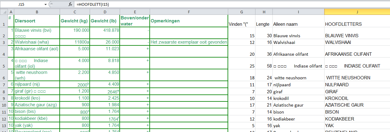 15.4 HOOFDLETTERS, kleine letters, Beginletters Deze eenvoudige functies veranderen de hoofdletters en kleine letters in een tekst.