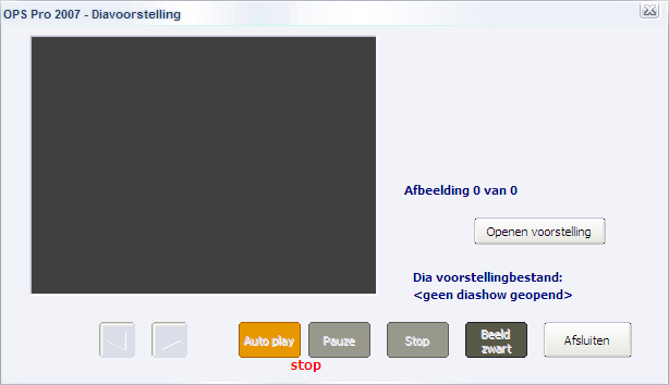 Weergeven diavoorstelling Via de menu keuze Acties Dia voorstelling starten komt het volgende venster tevoorschijn: In dit scherm moet dan eerst nog een voorstelling geopend worden via de knop