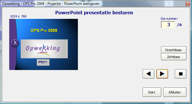 PowerPoint functie Indien in de playlist of gewoon los een PowerPoint presentatie is geselecteerd dan kan die worden gestart door: Klik op knop PowerPoint (bij losse