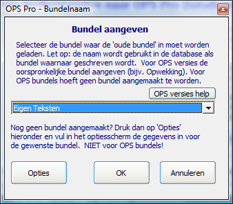 Na keuze van de map, wordt de knop [Start conversie] actief. Klik daarop om de conversie te starten. Hierna verschijnt dit scherm: In dit scherm moet de doelbundel geselecteerd worden.