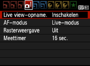 z Menufunctie-instellingen De onderstaande menuopties worden weergegeven. De Live view-menuopties worden in de basismodi onder [2] en in de creatieve modi onder [z] weergegeven. Live view-opname.