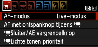 3 Menufunctie-instellingen De menuopties op de tabbladen [w], [x] en [y] worden hieronder toegelicht. Tabblad [w] AF-modus De AF-modi weren hetzelfde als beschreven op pagina 128-134.