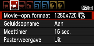 3 Menufunctie-instellingen Tabblad [x] Movie-opn.formaat De film wordt opgenomen met een HD-opnamewaliteit (High-Definition) van [1280x720].