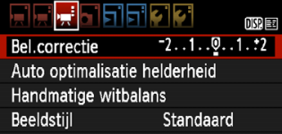 3 Menufunctie-instellingen Tabblad [y] Bel.correctie U unt de belichtingscorrectie voor films instellen op maximaal ±3 stops met tussenstappen van 1/3 stop.