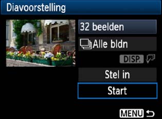 3 Diavoorstelling (automatische weergave) 3 Stel [Stel in] naar wens in. Dru op de toets <V> om [Stel in] te selecteren en dru vervolgens op <0>.