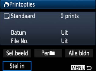 W Digital Print Order Format (DPOF) U unt het afdrutype instellen en instellen of de datum en het bestandsnummer moeten worden afgedrut.