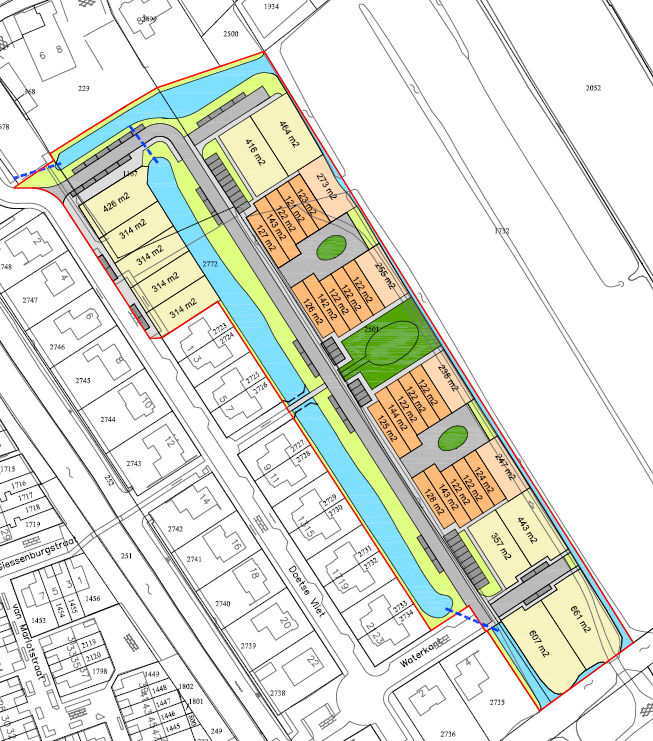 Plan Doetse Vliet III (met in blauw aangeduid de 4 te realiseren woningen) 1.