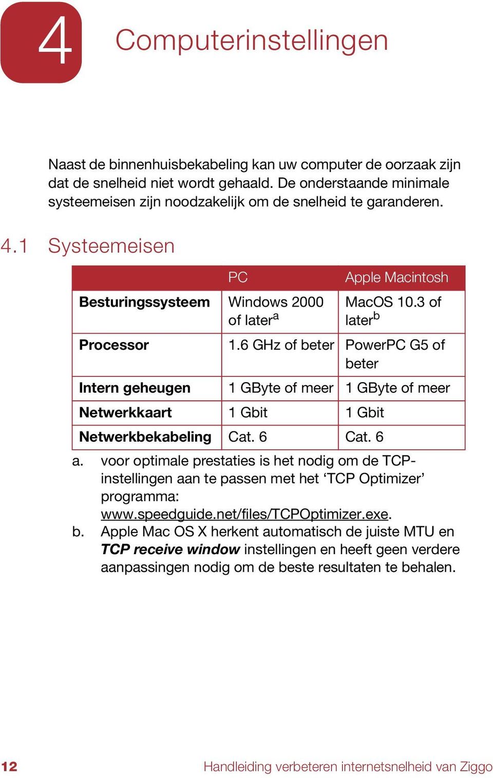 6 GHz of beter PowerPC G5 of beter Intern geheugen 1 GByte of meer 1 GByte of meer Netwerkkaart 1 Gbit 1 Gbit Netwerkbekabeling Cat. 6 Cat. 6 a.