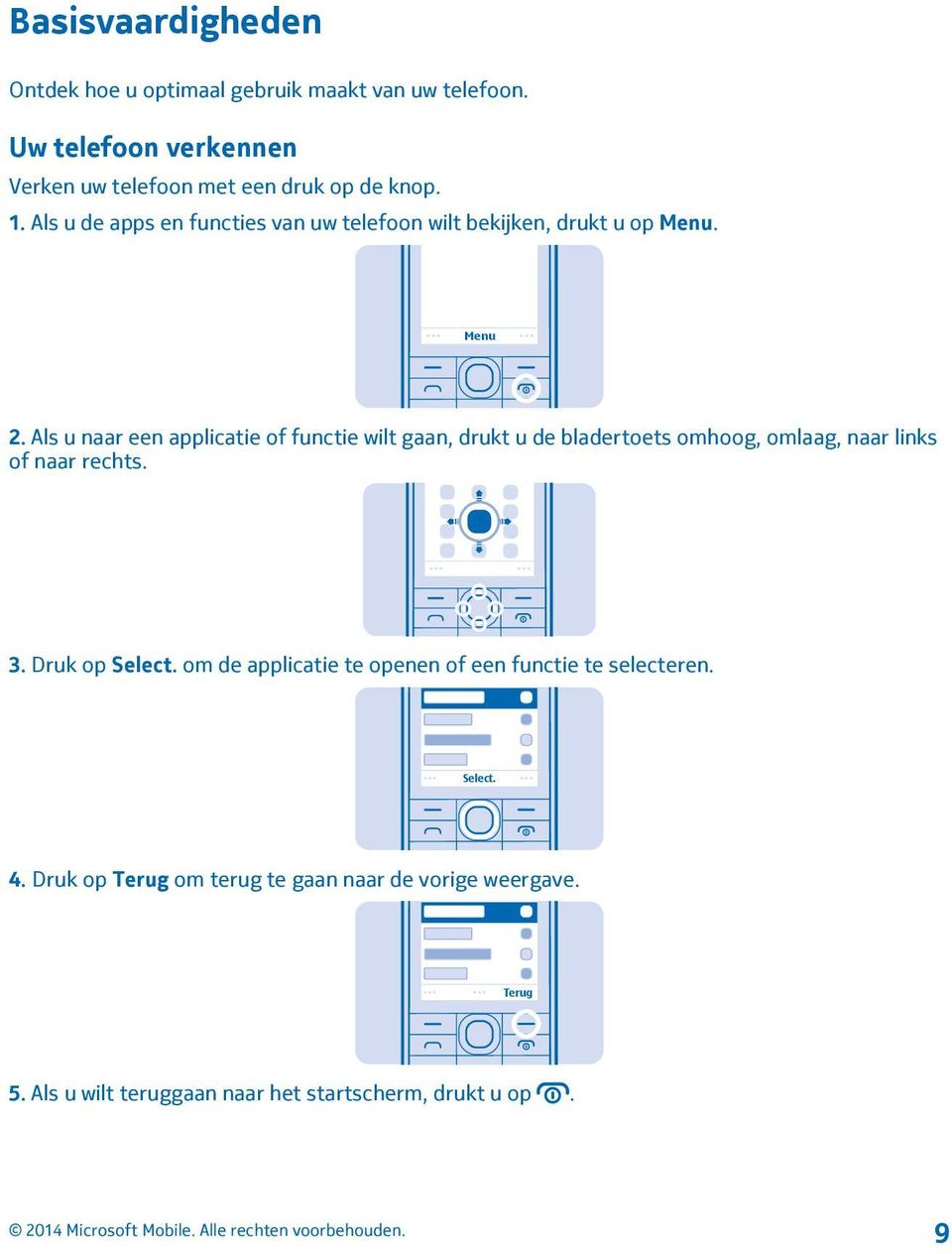 Als u naar een applicatie of functie wilt gaan, drukt u de bladertoets omhoog, omlaag, naar links of naar rechts. 3. Druk op Select.