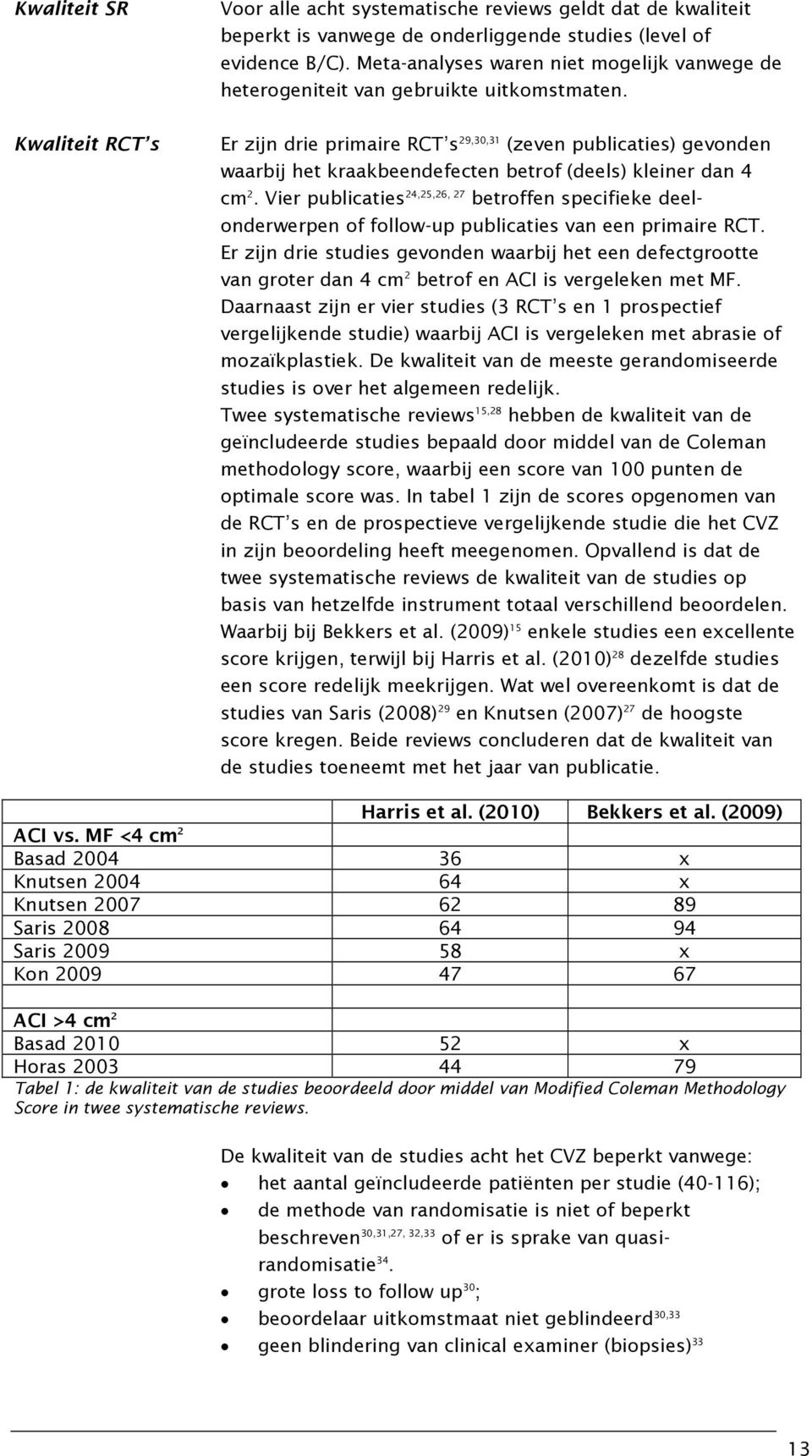 Er zijn drie primaire RCT s 29,30,31 (zeven publicaties) gevonden waarbij het kraakbeendefecten betrof (deels) kleiner dan 4 cm 2.