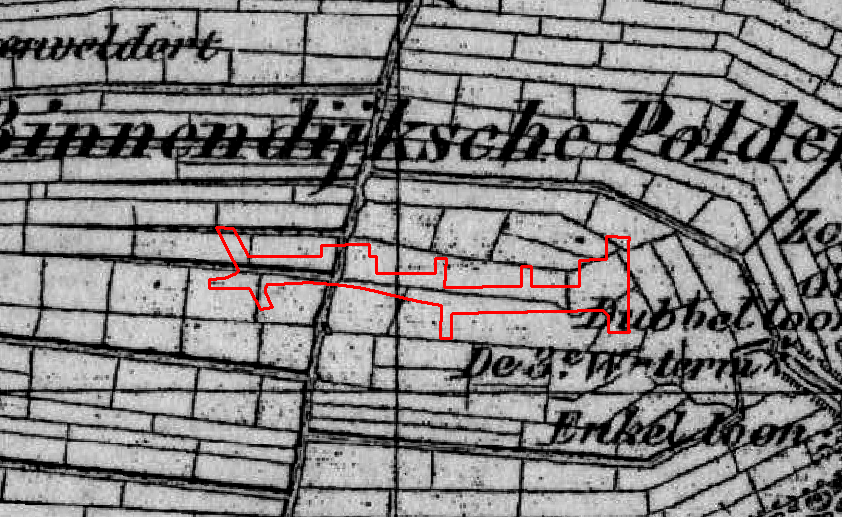 2 Het plangebied (rood omlijnd) op de Topografisch Militaire Kaart, 1854.