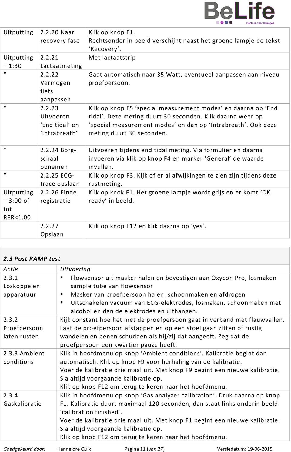 Met lactaatstrip Gaat automatisch naar 35 Watt, eventueel aanpassen aan niveau proefpersoon. Klik op knop F5 special measurement modes en daarna op End tidal. Deze meting duurt 30 seconden.