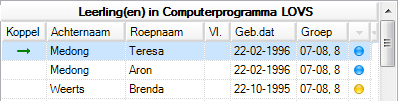 Hier ziet u een voorbeeld waarbij vijf leerlingen reeds automatisch gekoppeld zijn en er nog één leerling handmatig gekoppeld moet worden.