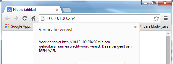 Start de browser (bijv. Internet Explorer, Firefox of Chrome) Ga naar adres 10.10.100.