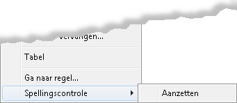 in het menu Bewerken is de menuopdracht Spellingcontrole geactiveerd (zwart) maar het selectievakje is uitgeschakeld (geen vinkje) en de menuopdrachten Woord toevoegen, Tags voor spellingcontrole