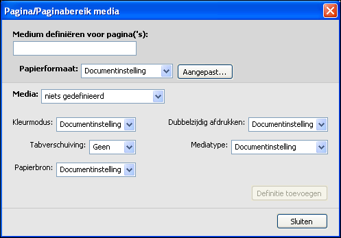 COMMAND WORKSTATION 22 MEDIA DEFINIËREN VOOR SPECIFIEKE PAGINA S 1 Klik in het dialoogvenster Gemengde media op Nieuw paginabereik. Het dialoogvenster Pagina/Paginabereik media wordt weergegeven.