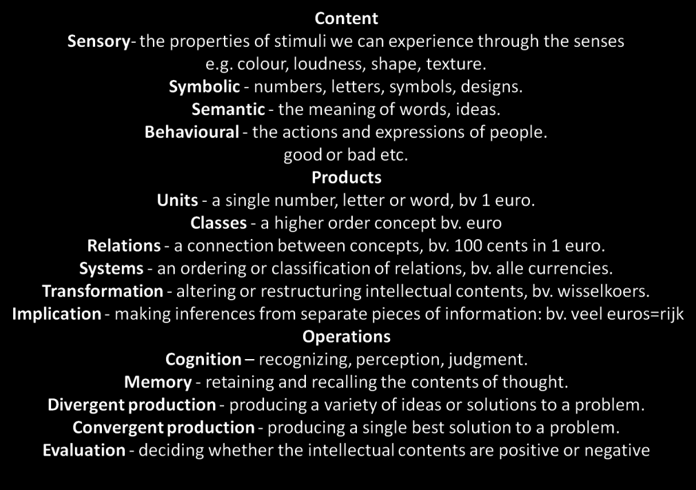 Het basisprincipe is dat elke mentale taak 3 facetten heeft: 1. Inhoud: op welk soort materiaal worden er bewerkingen uitgevoerd? Sensorieel, symbolisch, etc. 2.