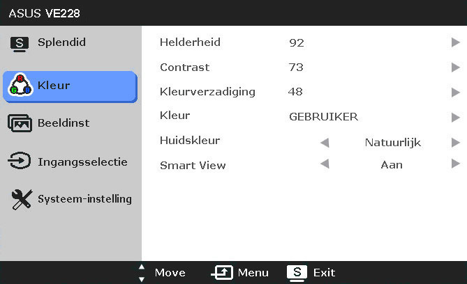 In de Standaardstand kunt u de functies ASCR, Verzadiging en Scherpte niet configureren. 2. Kleur In dit menu stelt u Helderheid, Contrast, Kleurverzadiging, Kleur, Huidkleur en Smart View in.