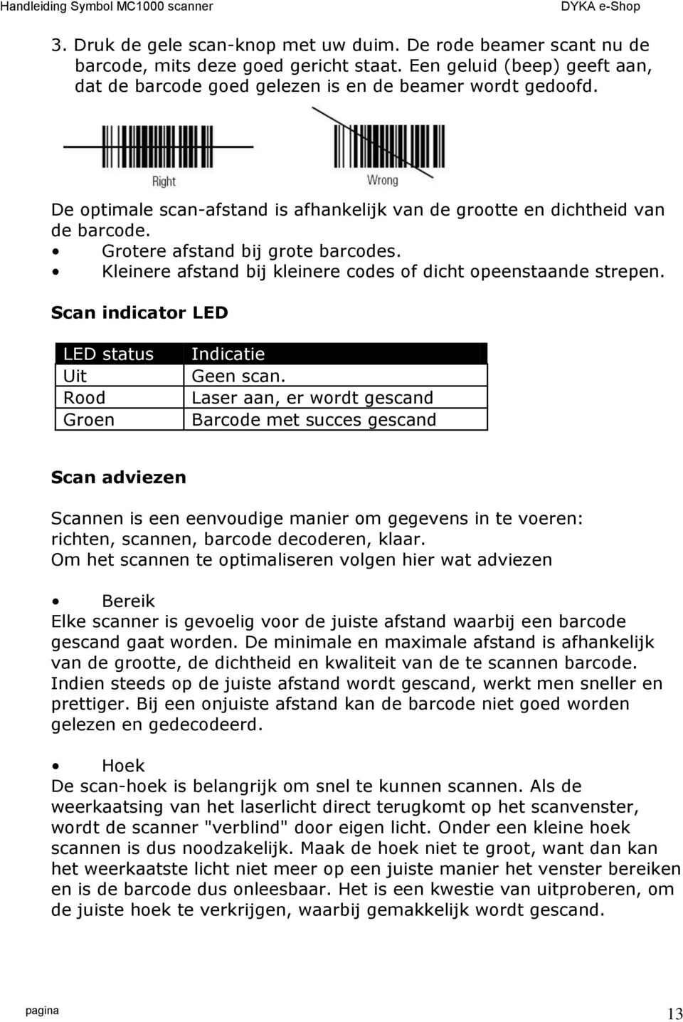 Scan indicator LED LED status Uit Rood Groen Indicatie Geen scan.