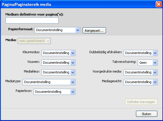 COMMAND WORKSTATION 22 MEDIA DEFINIËREN VOOR SPECIFIEKE PAGINA S 1 Klik in het dialoogvenster Gemengde media op Nieuw paginabereik. Het dialoogvenster Pagina/Paginabereik media wordt weergegeven.