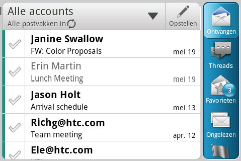130 E-mail Uw Mailpostvak controleren Als u de applicatie Mail opent, verschijnt het Postvak IN van een van de e- mailaccounts die u op de HTC ChaCha hebt ingesteld.