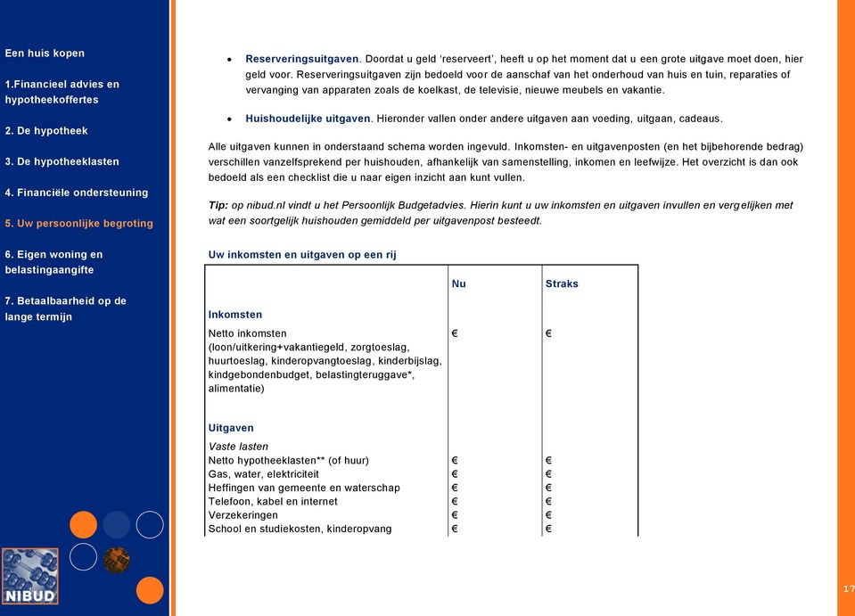 Huishoudelijke uitgaven. Hieronder vallen onder andere uitgaven aan voeding, uitgaan, cadeaus. Alle uitgaven kunnen in onderstaand schema worden ingevuld.