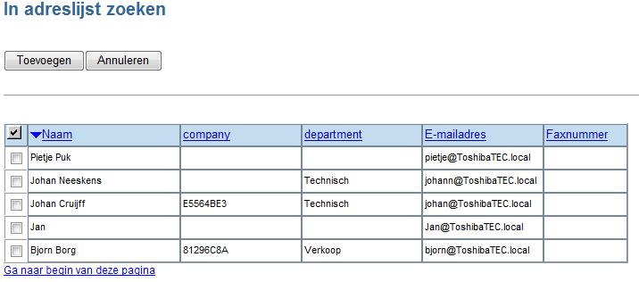 Stel indien gewenst de aangemaakte LDAP server in als standaardserver. Testen LDAP koppeling Dit kan via het adresboek in TopAccess.