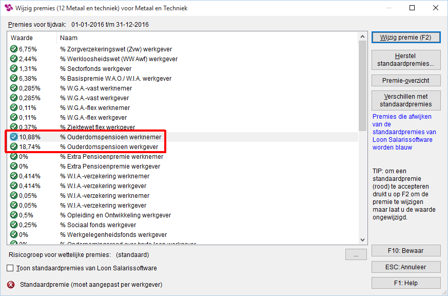 Deze verdeling zien we terug in Loon 2016 bij de premies voor de groep 12 Metaal en Techniek: Afbeelding: Werkgever, Premies, Ouderdomspensioen groep Metaal en Techniek 12 Motorvoertuigen- en