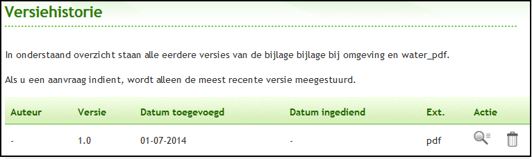 Deel 3: Vergunningcheck en aanvraag opstellen en indienen Versiehistorie Wanneer je meerdere versies van een bijlage hebt toegevoegd, ontstaat er een versiehistorie. 1. Klik op de naam van de bijlage.