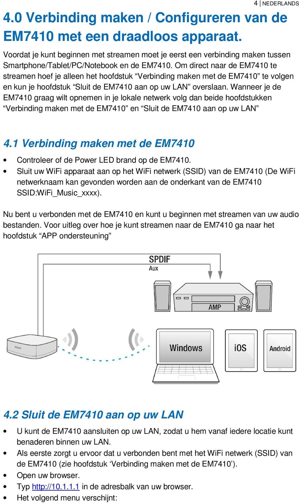 Om direct naar de EM7410 te streamen hoef je alleen het hoofdstuk Verbinding maken met de EM7410 te volgen en kun je hoofdstuk Sluit de EM7410 aan op uw LAN overslaan.