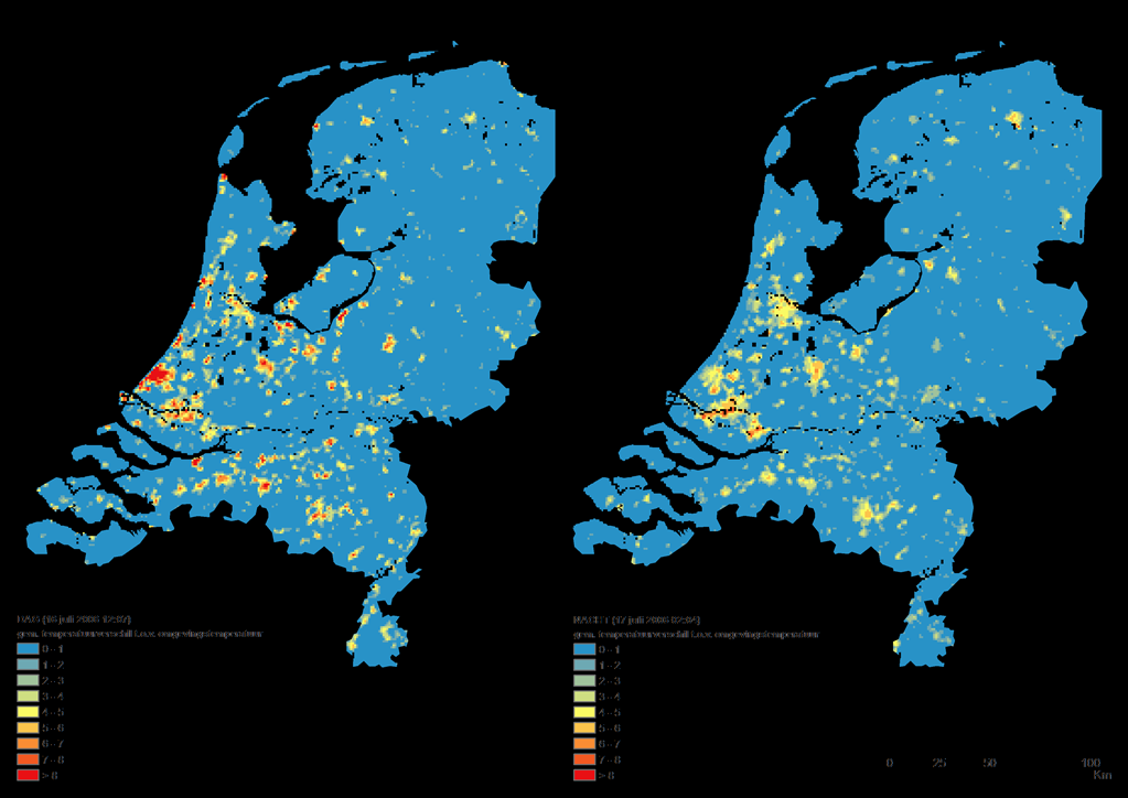 Figuur 1.3. Het oppervlakte hitte-eiland effect van de Nederlandse steden voor de situatie overdag (links) en s nachts (rechts).