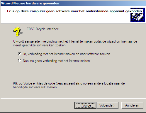 2.3.2 Installatie Bicycle Interface 2 voor Windows XP Let op: De onderstaande instructie geldt uitsluitend indien de E-Bike Service Terminal (EBST) al geïnstalleerd is op uw computer.