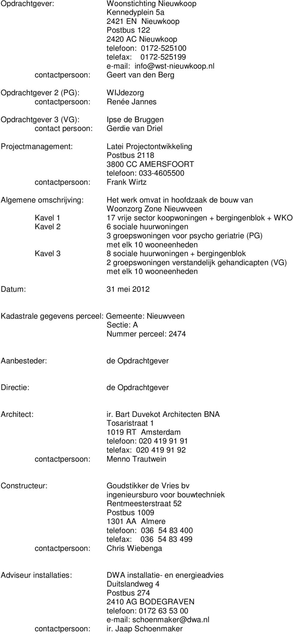 nl Geert van den Berg WIJdezorg Renée Jannes Ipse de Bruggen Gerdie van Driel Latei Projectontwikkeling Postbus 2118 3800 CC AMERSFOORT telefoon: 033-4605500 Frank Wirtz Het werk omvat in hoofdzaak