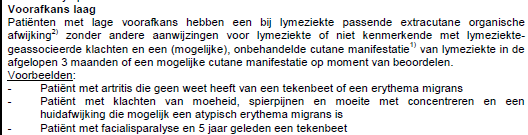 Voorafkans laag Klachten die kunnen passen bij extracutane manifestatie van Lyme (bijvoorbeeld carditis of artritis)