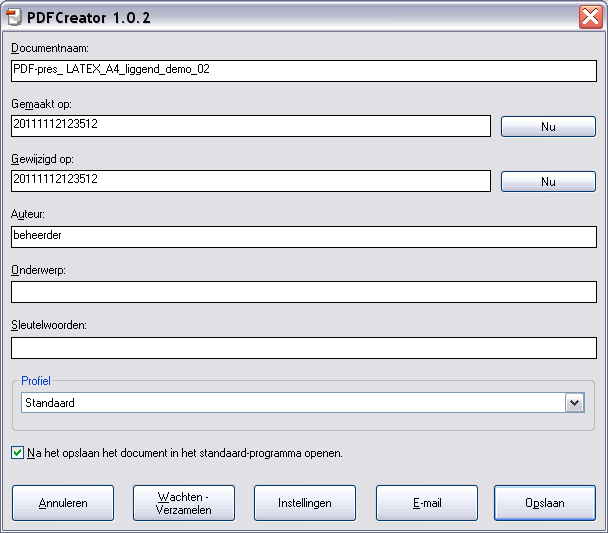 Kies: Afdrukken PDFCreator Sla het PDF document op Als het document is opgeslagen dan wordt het daarna meteen geopend in de PDF